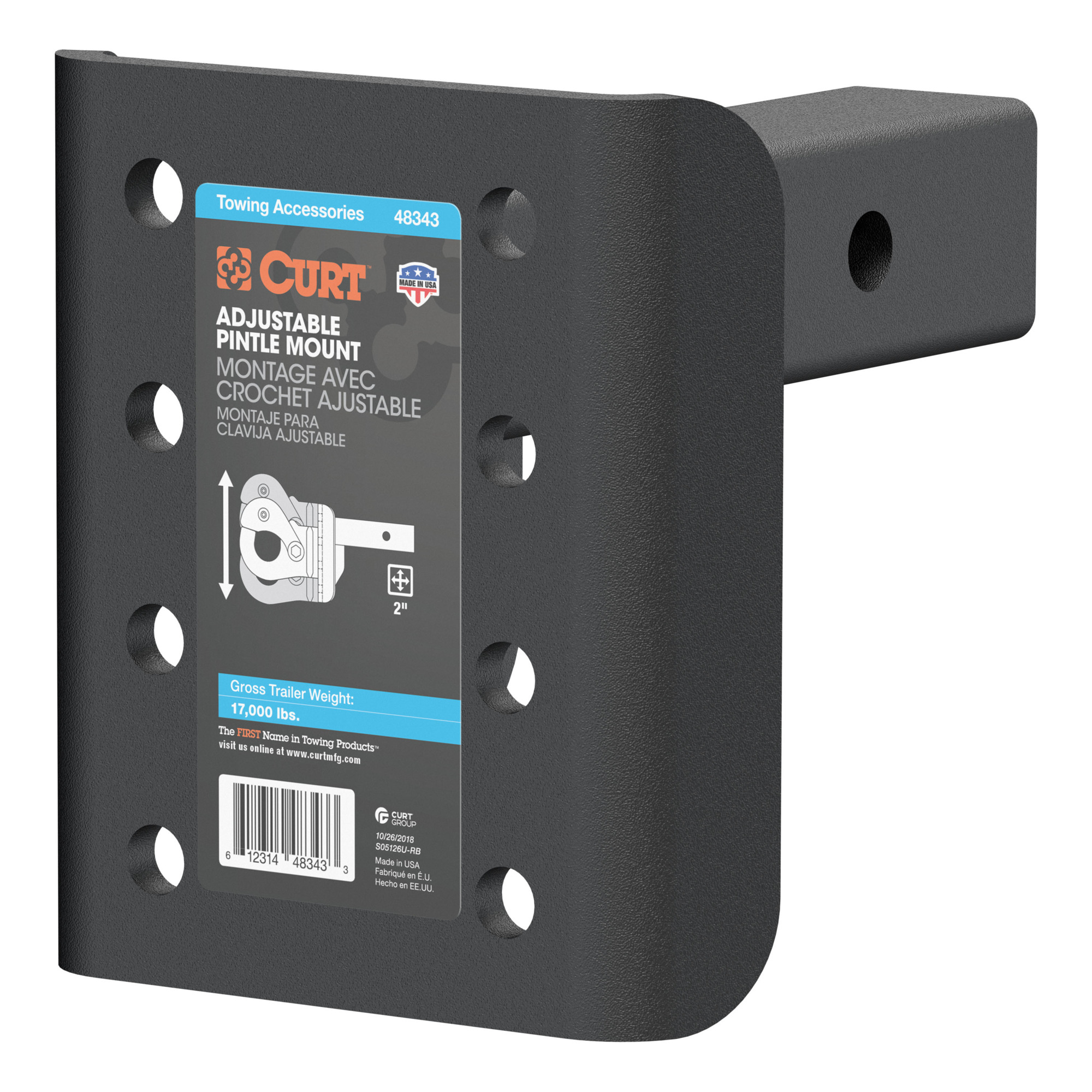 Curt Manufacturing Adjustable Trailer Hitch Pintle Mount, 7.25in. Plate Height, Solid Steel, 17,000lb. Capacity, Model# 48343